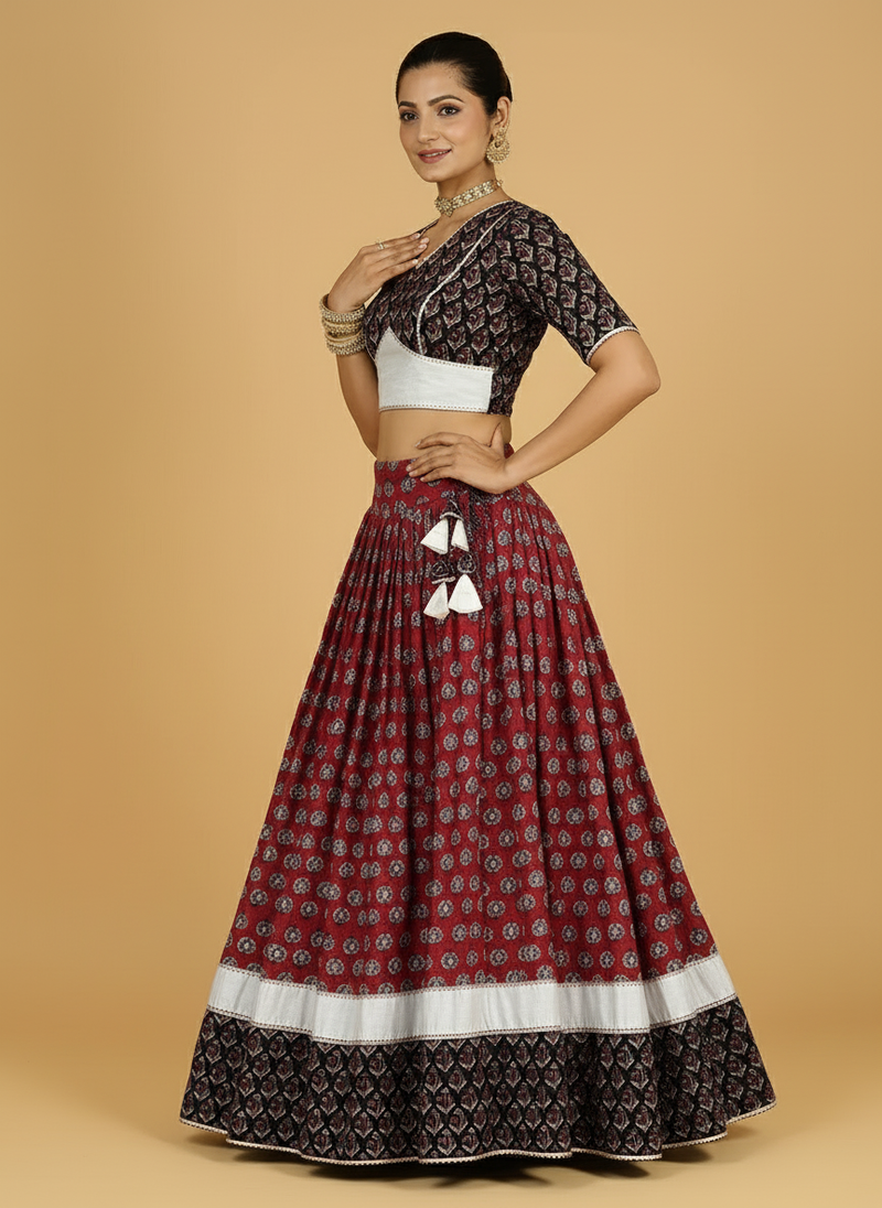 Roopesh x Tyohaar | Red & Black Navratri Handblock Printed Lehenga Set-Binks
