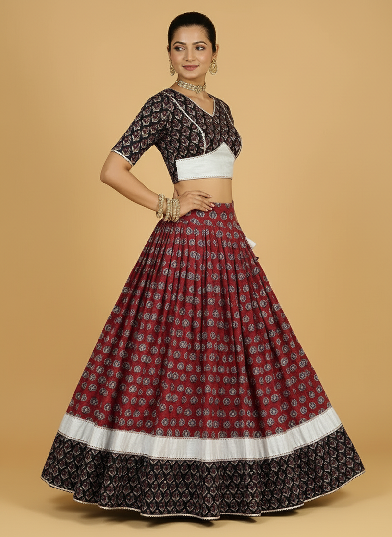 Roopesh x Tyohaar | Red & Black Navratri Handblock Printed Lehenga Set-Binks