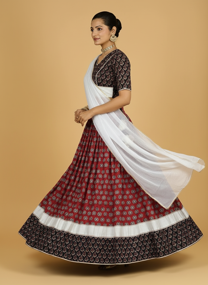 Roopesh x Tyohaar | Red & Black Navratri Handblock Printed Lehenga Set-Binks