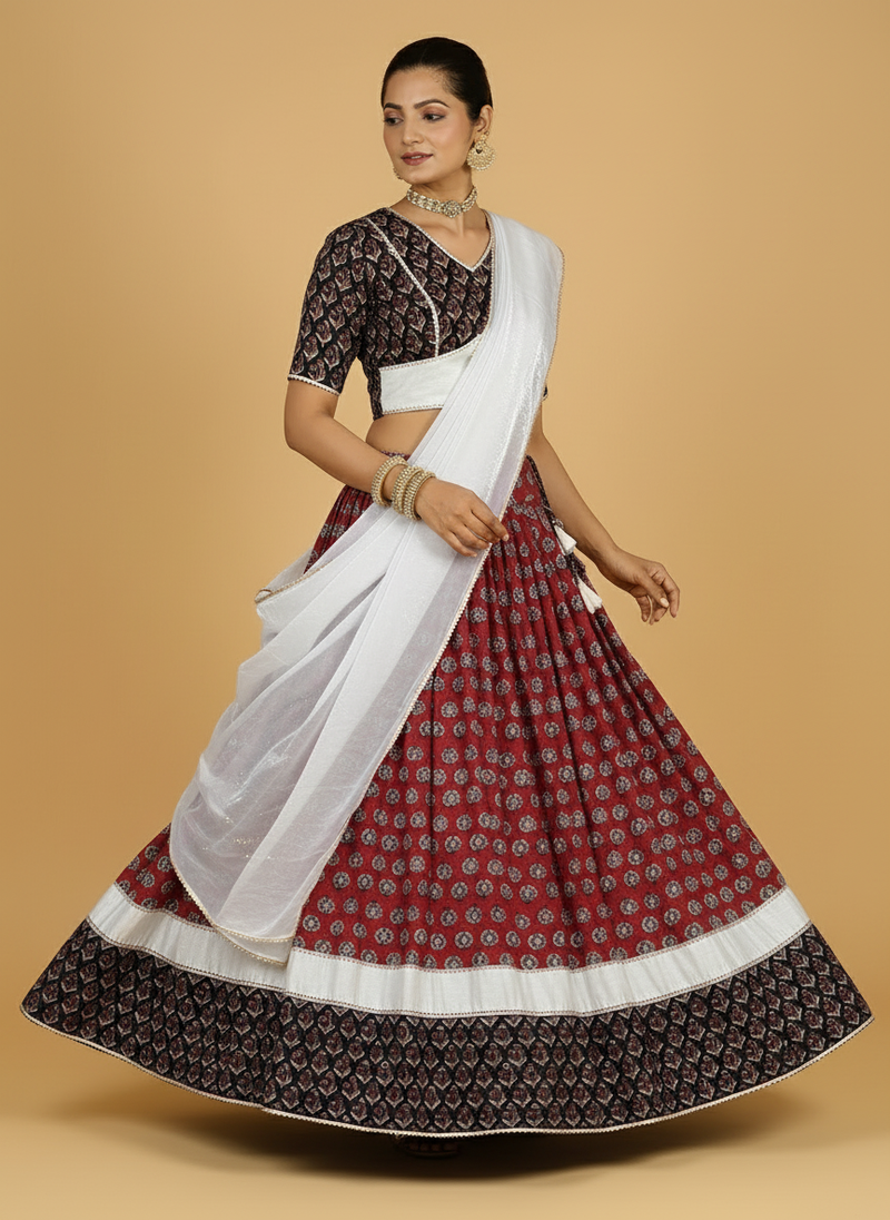 Roopesh x Tyohaar | Red & Black Navratri Handblock Printed Lehenga Set-Binks