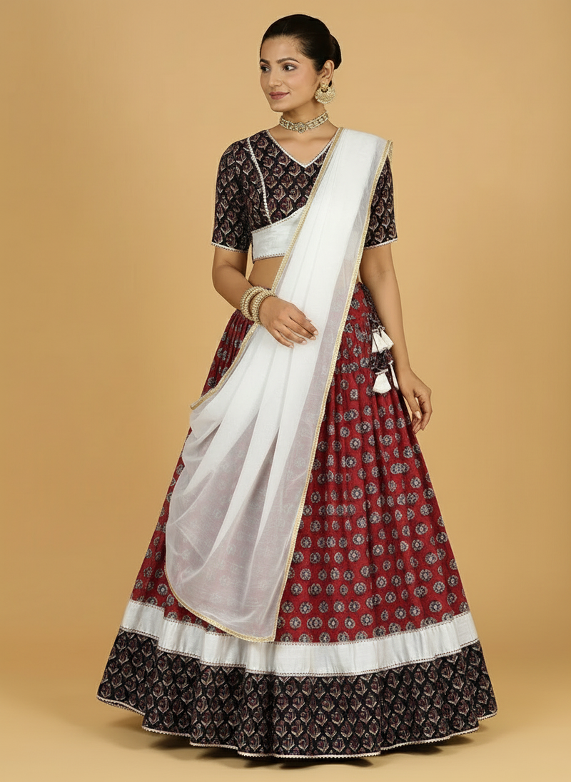 Roopesh x Tyohaar | Red & Black Navratri Handblock Printed Lehenga Set-Binks