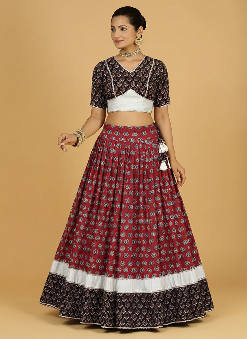 Roopesh x Tyohaar | Red & Black Navratri Handblock Printed Lehenga Set-Binks