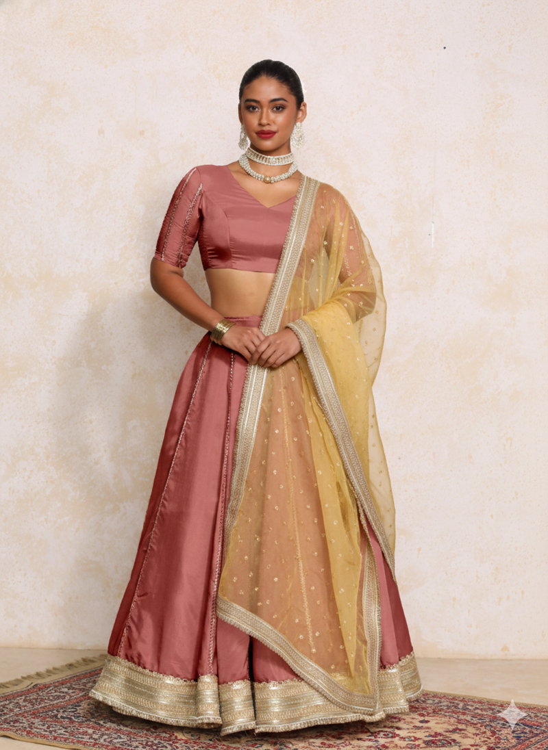 Ruhani x Tyohaar | Marsala Gold Tissue FlareFit™ Lehenga Set with Dupatta-Binks
