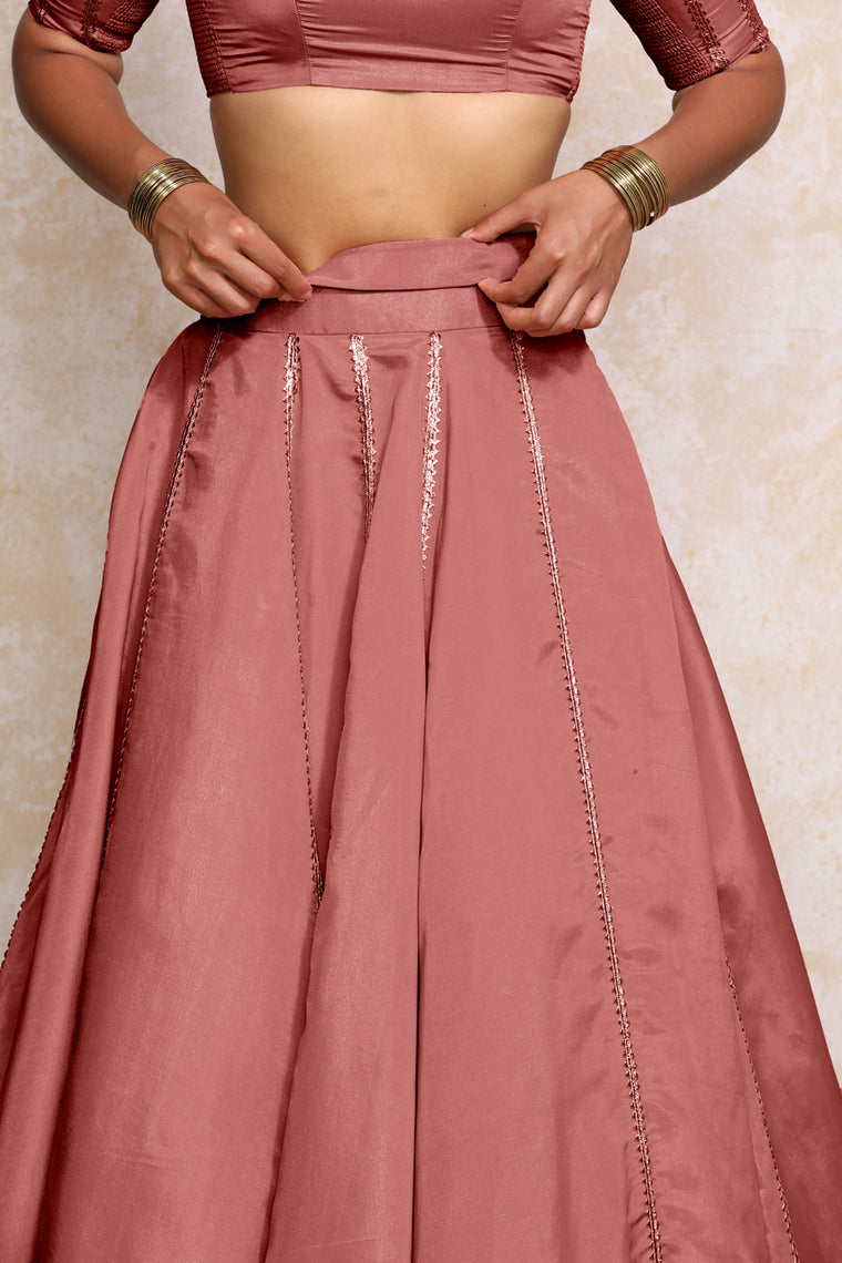 Ruhani x Tyohaar Lehenga Set, in Pink Viscose Gold Tissue, featuring elbow sleeves and v-neckline, made for party & festive.