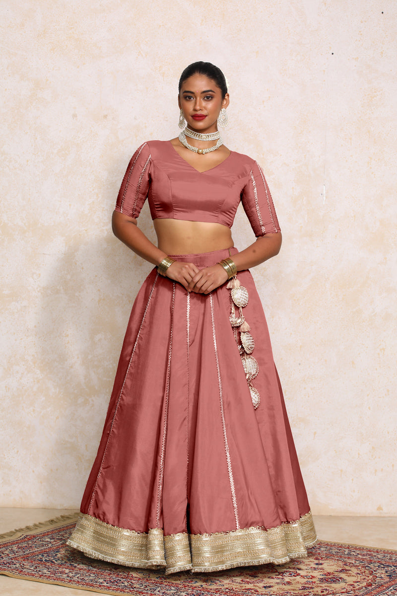 Ruhani x Tyohaar | Marsala Gold Tissue FlareFit™ Lehenga Set with Dupatta-Binks