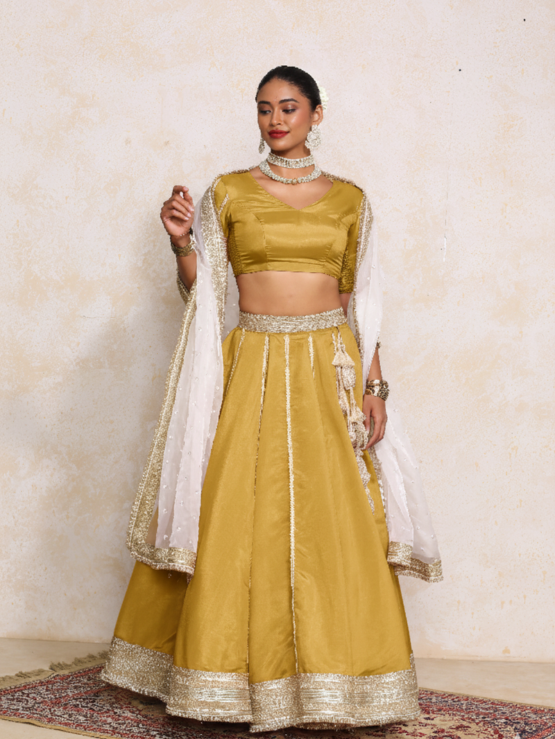 Ruhani x Tyohaar | Mustard Gold Tissue FlareFit™ Lehenga Set with Dupatta-Binks