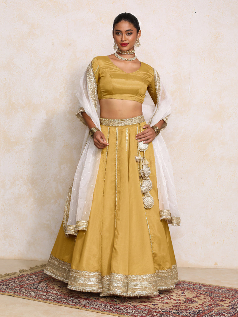 Ruhani x Tyohaar | Mustard Gold Tissue FlareFit™ Lehenga Set with Dupatta-Binks