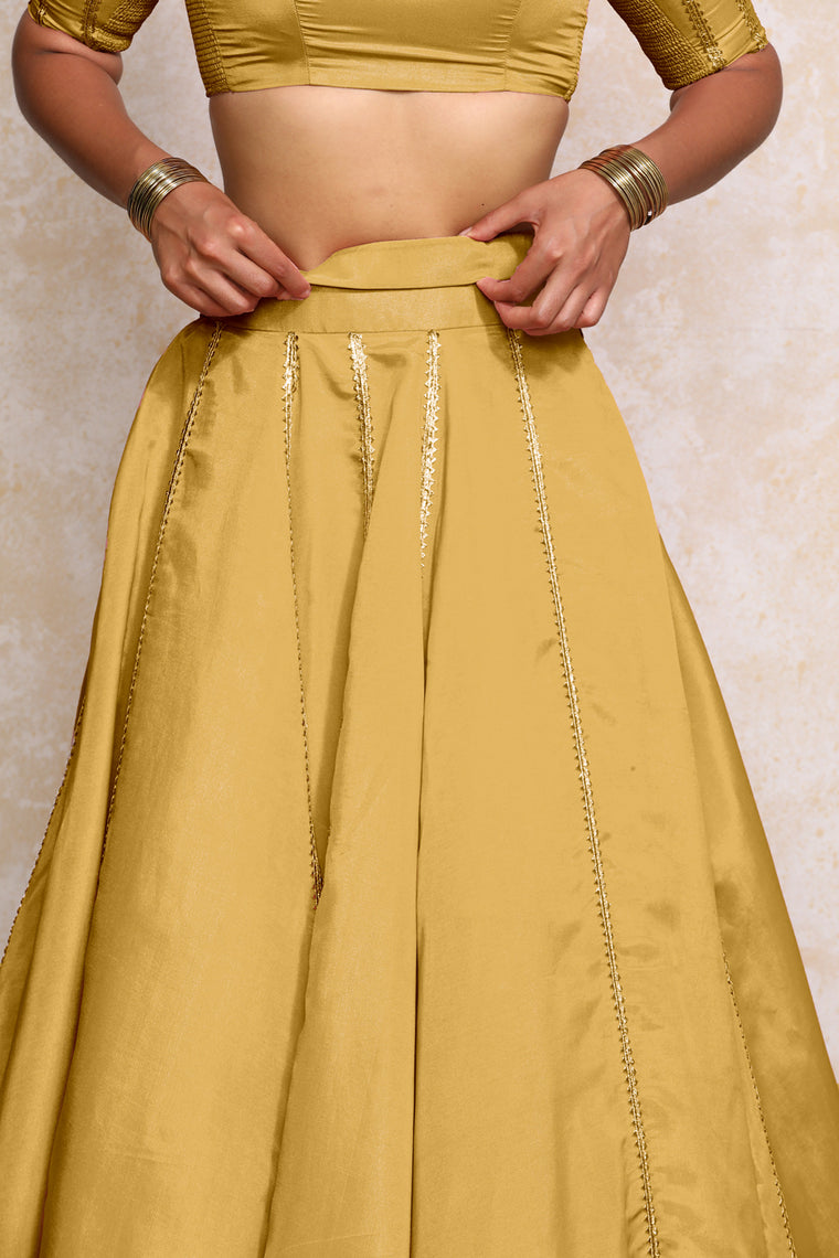 Ruhani x Tyohaar Lehenga Set, in Yellow Viscose Gold Tissue, featuring elbow sleeves and v-neckline (view 3).