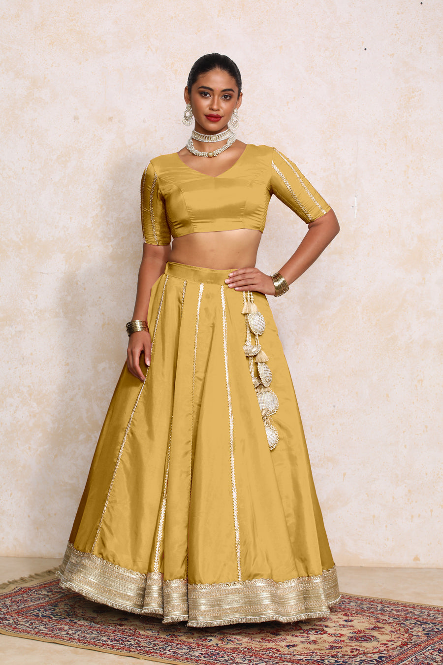 Ruhani x Tyohaar Lehenga Set, in Yellow Viscose Gold Tissue, featuring elbow sleeves and v-neckline (view 5).
