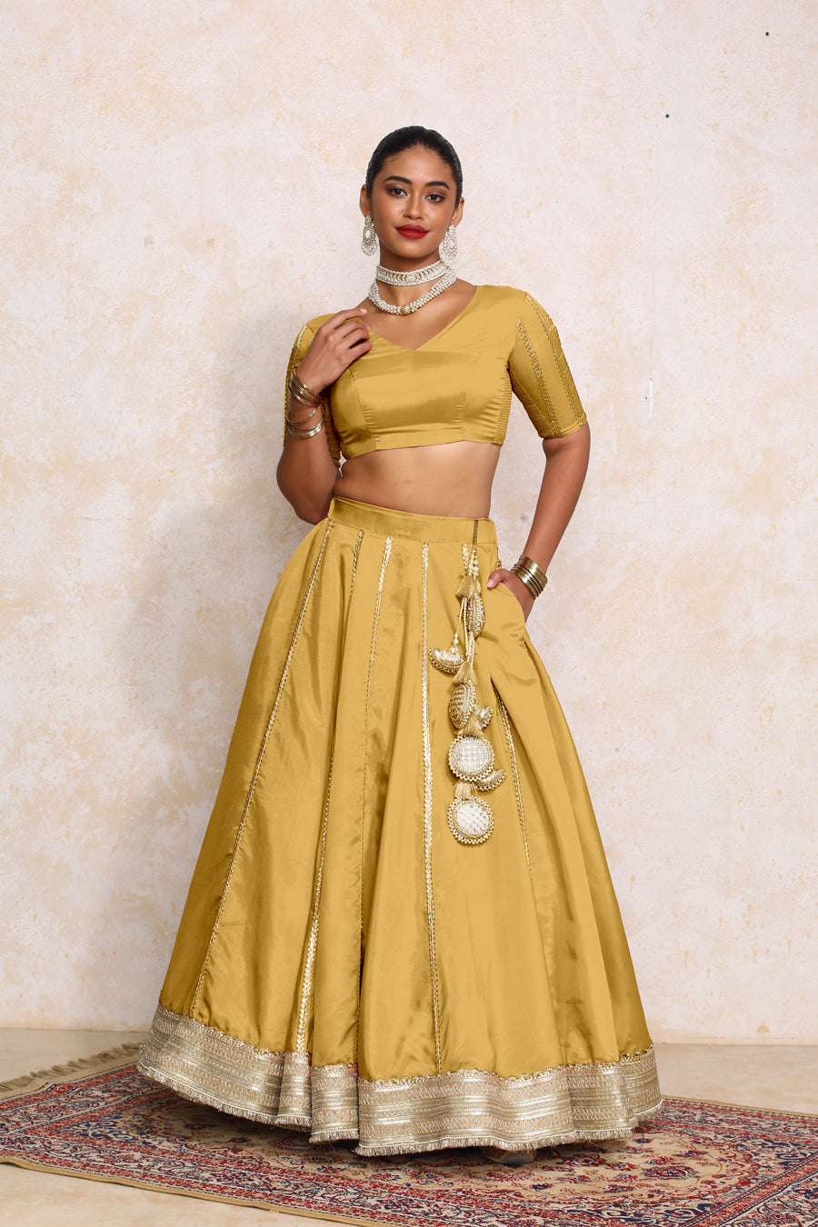 Ruhani x Tyohaar Lehenga Set, in Yellow Viscose Gold Tissue, featuring elbow sleeves and v-neckline (view 7).