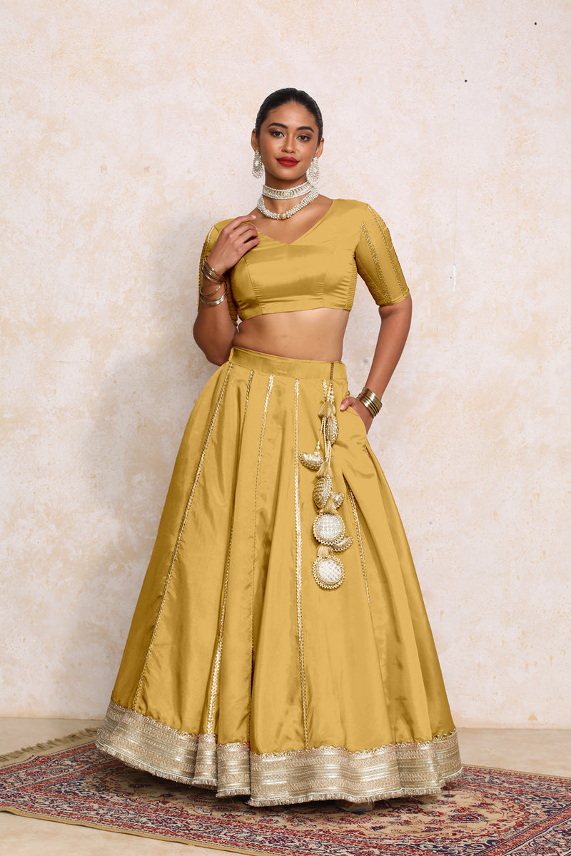Ruhani x Tyohaar | Mustard Gold Tissue FlareFit™ Lehenga Set with Dupatta-Binks