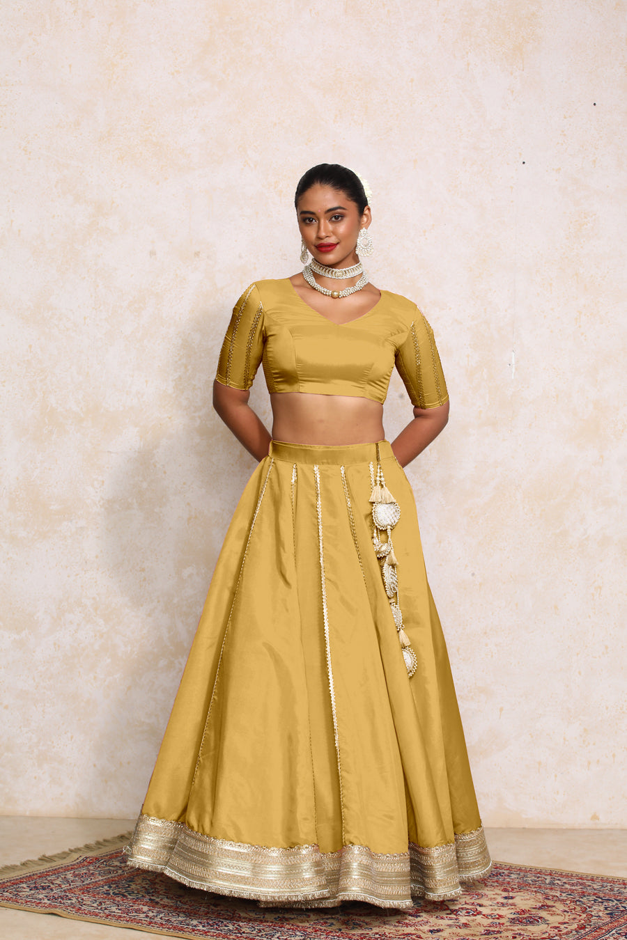 Ruhani x Tyohaar Lehenga Set, in Yellow Viscose Gold Tissue, featuring elbow sleeves and v-neckline (view 8).