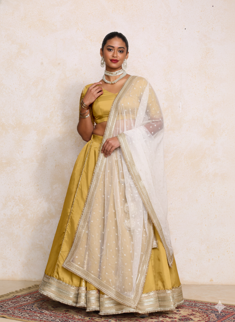 Ruhani x Tyohaar | Mustard Gold Tissue FlareFit™ Lehenga Set with Dupatta-Binks