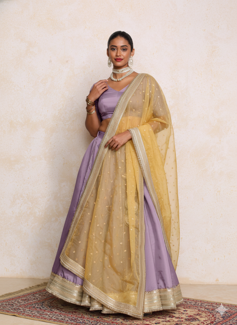 Ruhani x Tyohaar | Purple Gold Tissue FlareFit™ Lehenga Set with Dupatta-Binks