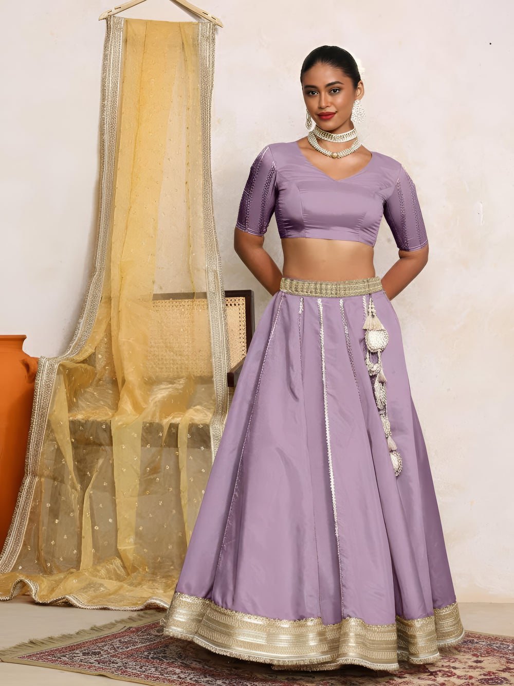 Ruhani x Tyohaar | Purple Gold Tissue FlareFit™ Lehenga Set with Dupatta