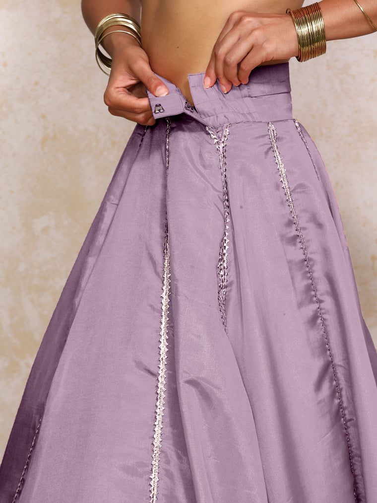 Ruhani x Tyohaar Lehenga Set, in Purple Viscose Gold Tissue, featuring elbow sleeves and v-neckline (view 3).