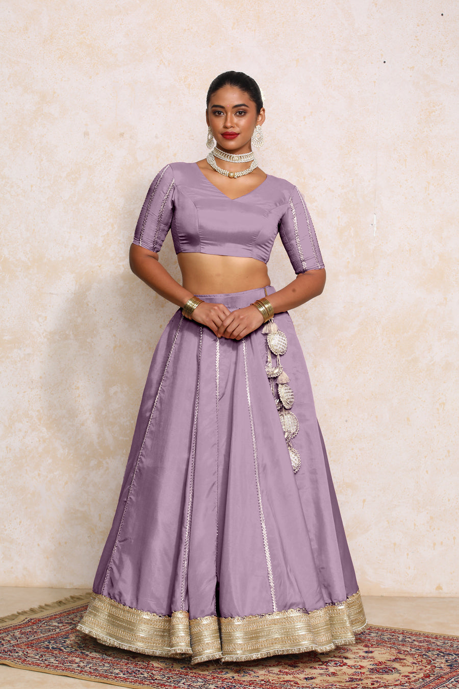 Ruhani x Tyohaar Lehenga Set, in Purple Viscose Gold Tissue, featuring elbow sleeves and v-neckline (view 4).