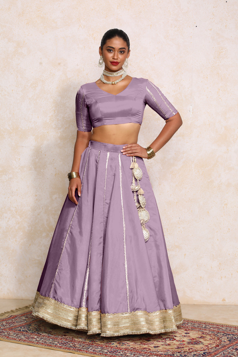 Ruhani x Tyohaar Lehenga Set, in Purple Viscose Gold Tissue, featuring elbow sleeves and v-neckline (view 5).