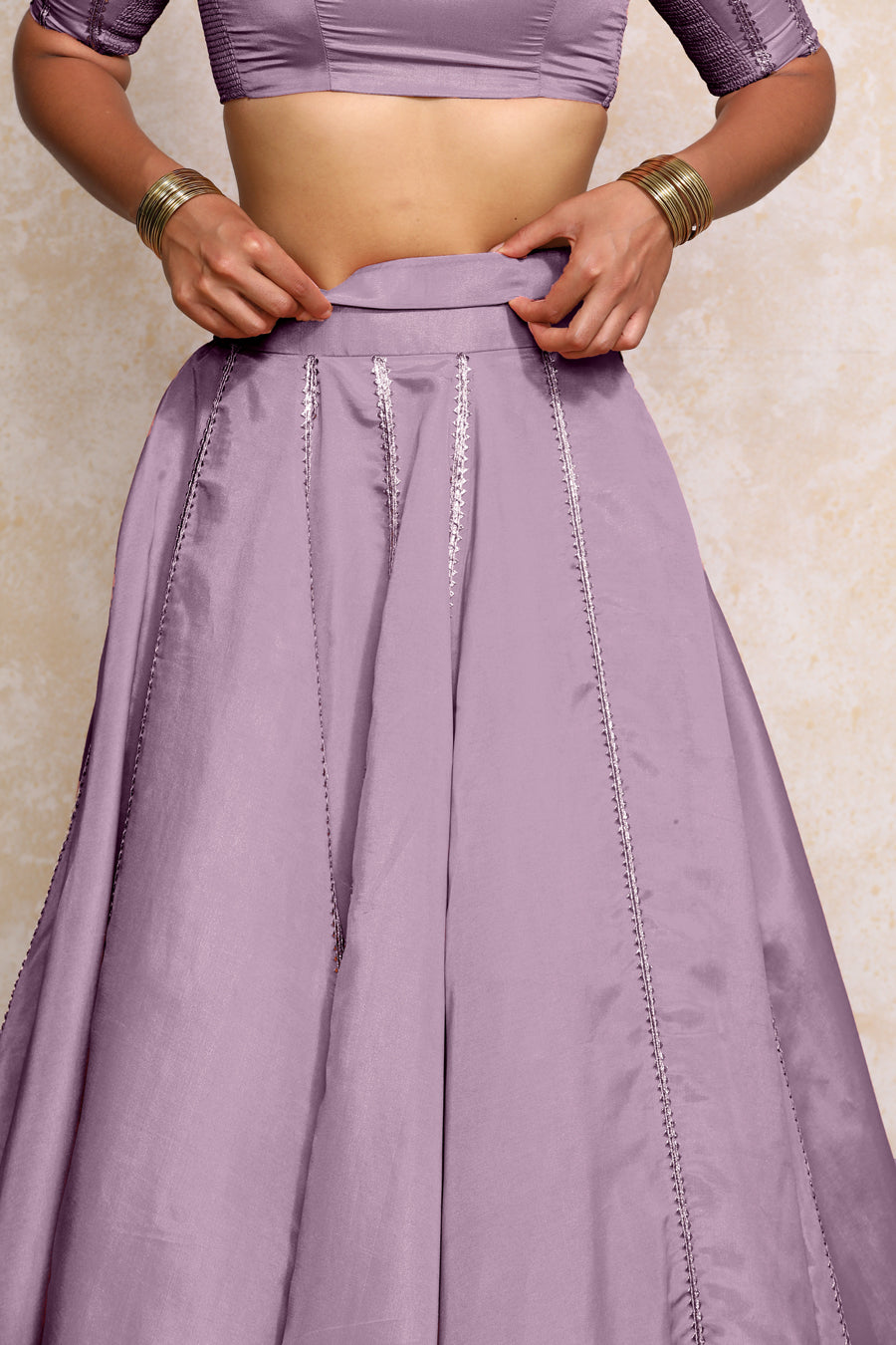 Ruhani x Tyohaar Lehenga Set, in Purple Viscose Gold Tissue, featuring elbow sleeves and v-neckline (view 7).