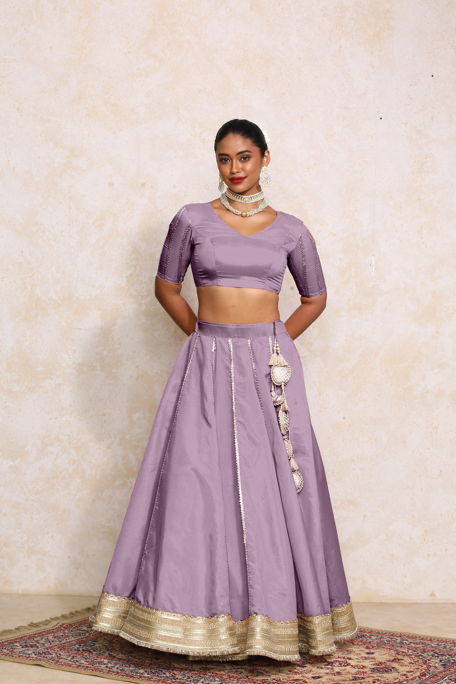 Ruhani x Tyohaar Lehenga Set, in Purple Viscose Gold Tissue, featuring elbow sleeves and v-neckline (view 8).