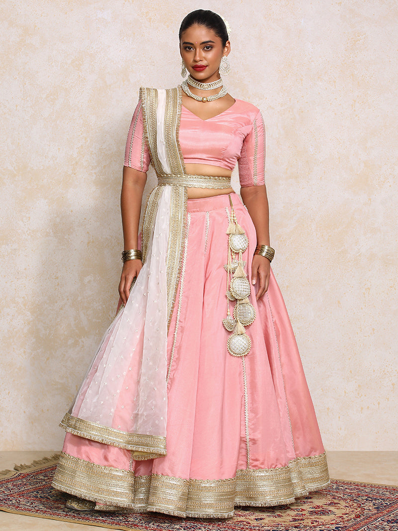Ruhani x Tyohaar | Soft Pink Gold Tissue FlareFit™ Lehenga Set with Dupatta-Binks
