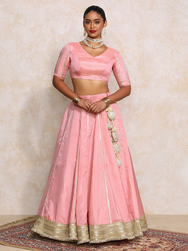 Ruhani x Tyohaar | Soft Pink Gold Tissue FlareFit™ Lehenga Set with Dupatta-Binks