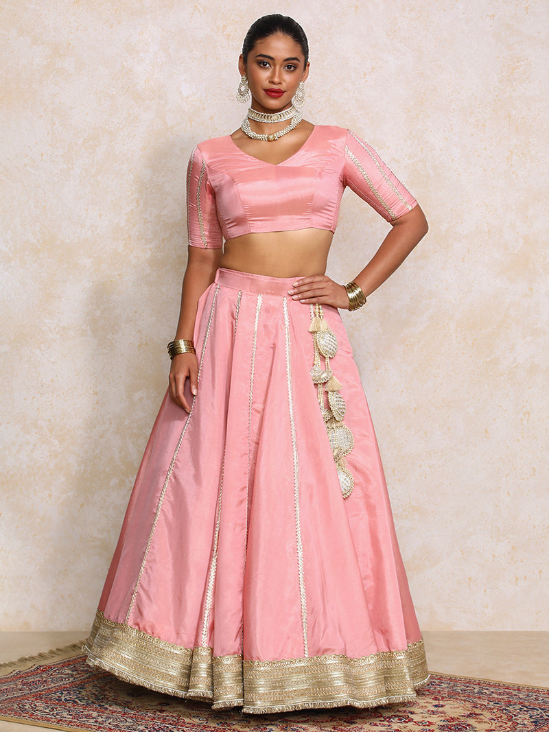 Ruhani x Tyohaar | Soft Pink Gold Tissue FlareFit™ Lehenga Set with Dupatta-Binks