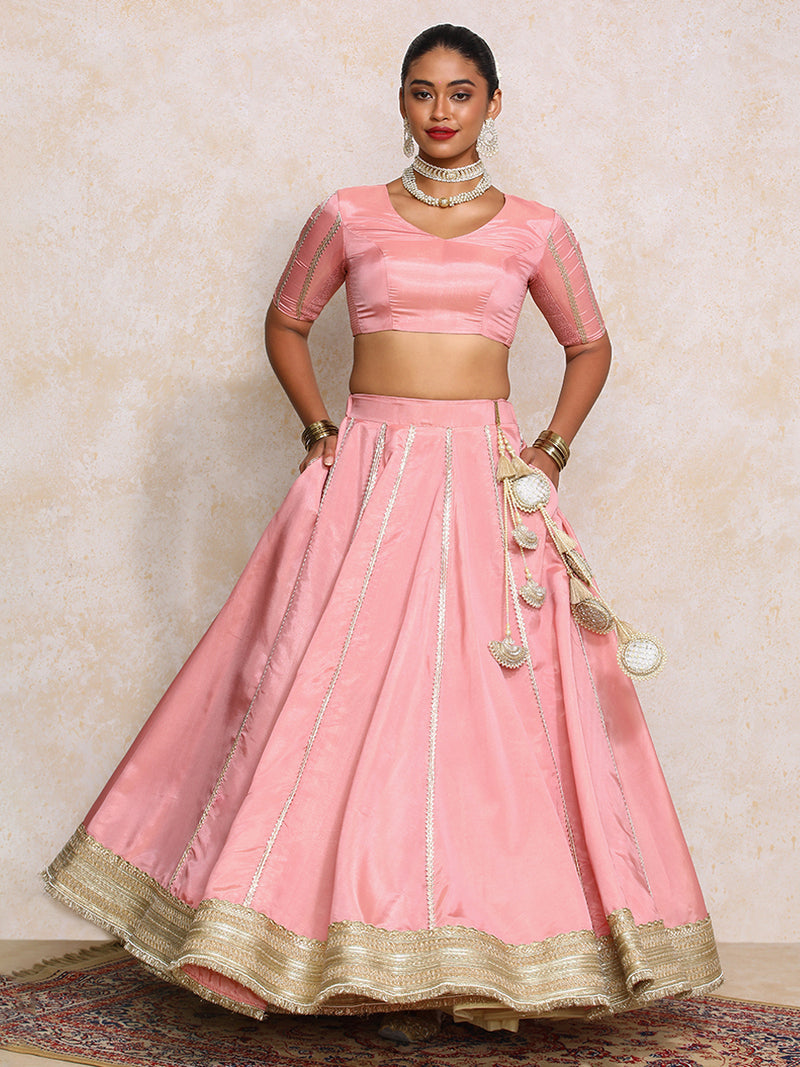Ruhani x Tyohaar | Soft Pink Gold Tissue FlareFit™ Lehenga Set with Dupatta-Binks