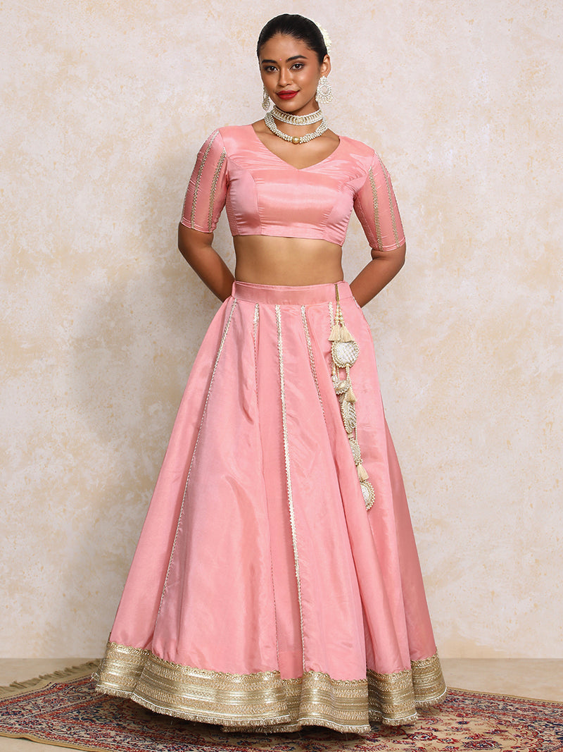 Ruhani x Tyohaar | Soft Pink Gold Tissue FlareFit™ Lehenga Set with Dupatta-Binks