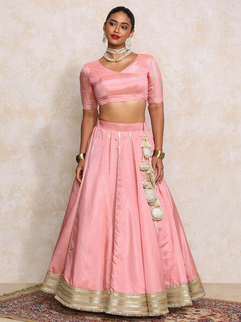 Ruhani x Tyohaar | Soft Pink Gold Tissue FlareFit™ Lehenga Set with Dupatta-Binks