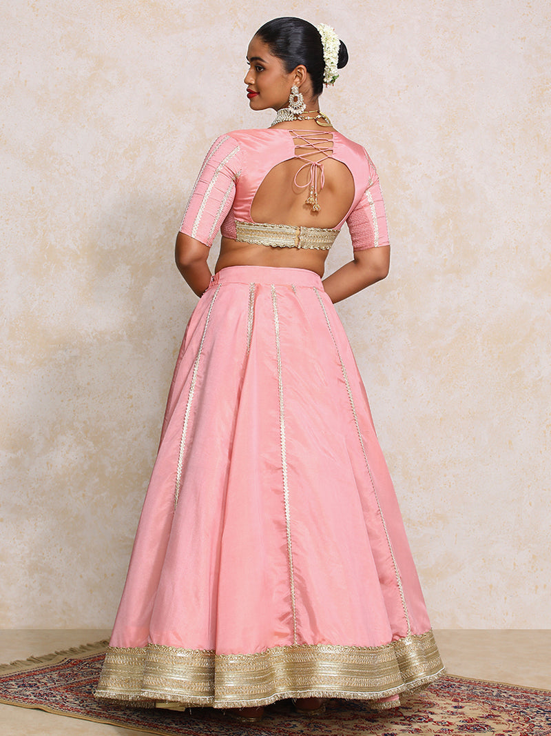Ruhani x Tyohaar | Soft Pink Gold Tissue FlareFit™ Lehenga Set with Dupatta-Binks