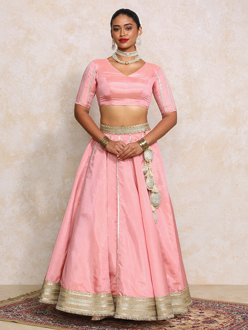 Ruhani x Tyohaar | Soft Pink Gold Tissue FlareFit™ Lehenga Set with Dupatta-Binks