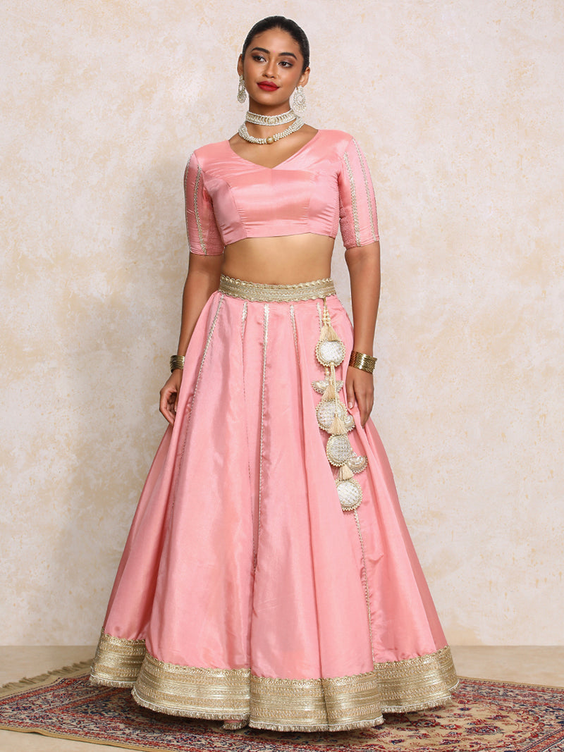 Ruhani x Tyohaar | Soft Pink Gold Tissue FlareFit™ Lehenga Set with Dupatta-Binks