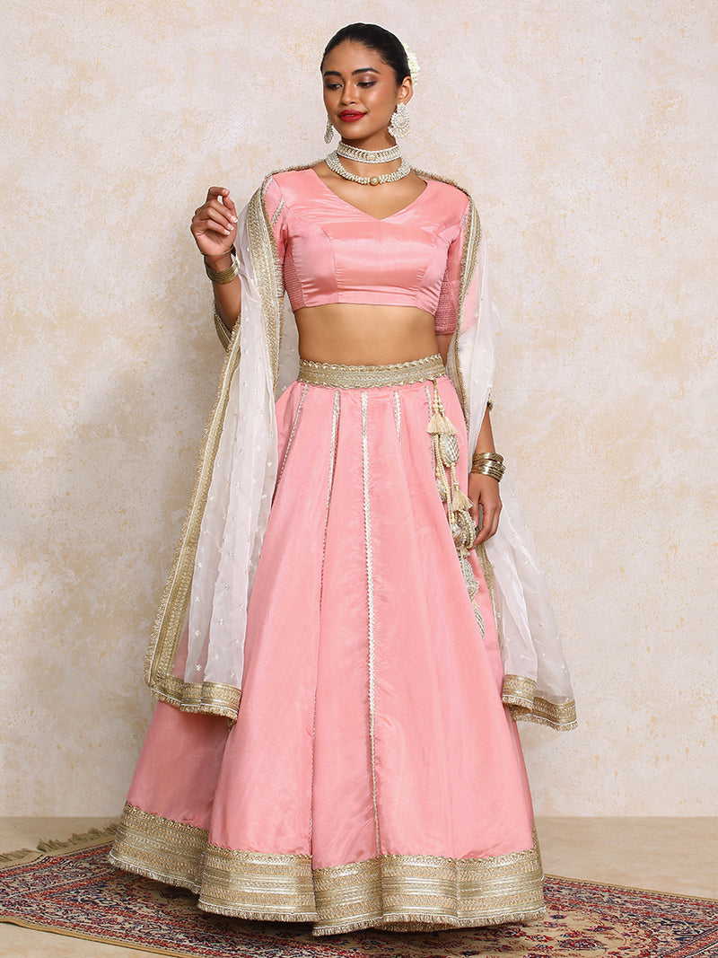 Ruhani x Tyohaar | Soft Pink Gold Tissue FlareFit™ Lehenga Set with Dupatta-Binks