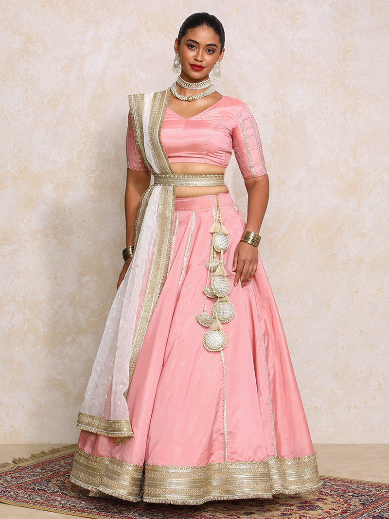 Ruhani x Tyohaar | Soft Pink Gold Tissue FlareFit™ Lehenga Set with Dupatta-Binks