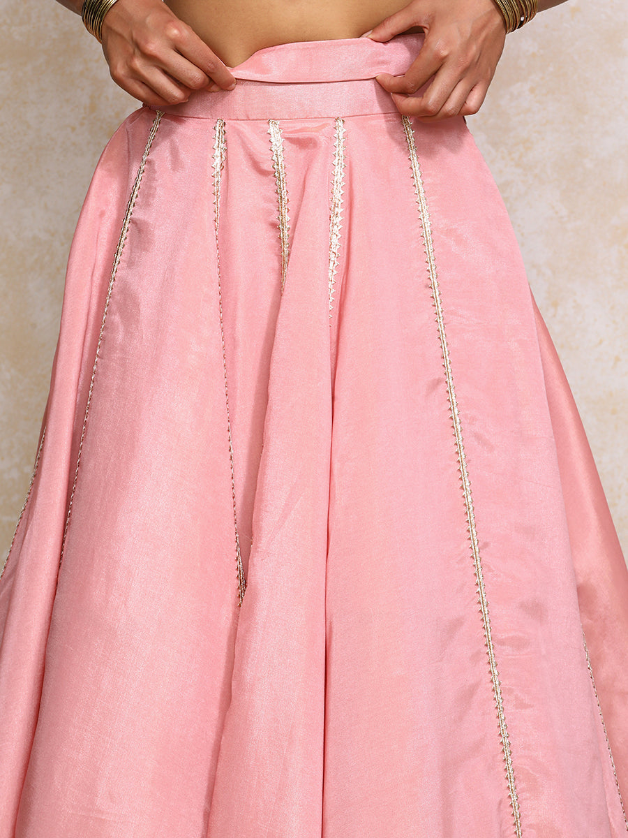 Ruhani x Tyohaar Lehenga Set, in Pink Viscose Gold Tissue, featuring elbow sleeves and v-neckline, made for party & festive.