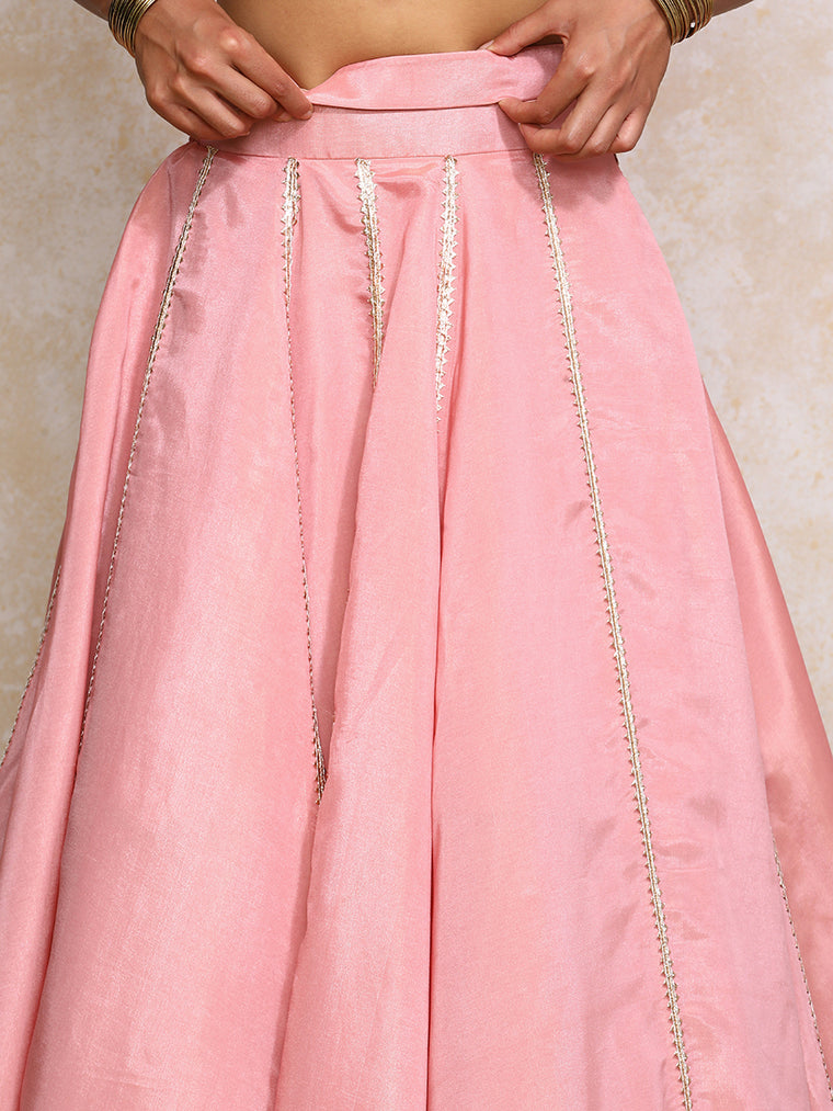 Ruhani x Tyohaar Lehenga Set, in Pink Viscose Gold Tissue, featuring elbow sleeves and v-neckline, made for party & festive.