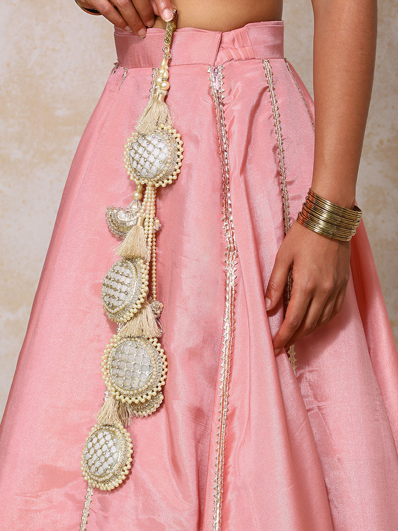 Ruhani x Tyohaar | Soft Pink Gold Tissue FlareFit™ Lehenga Set with Dupatta-Binks
