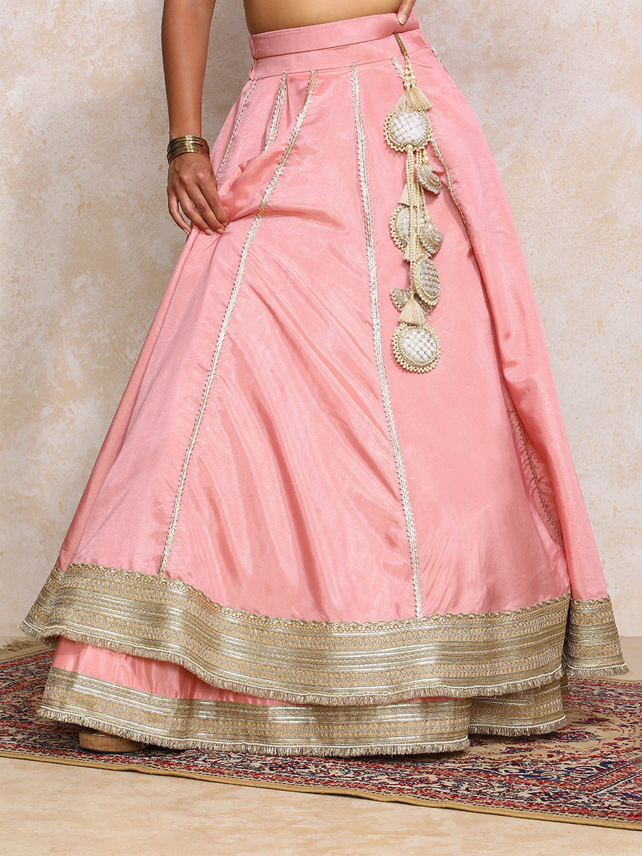 Ruhani x Tyohaar Lehenga Set, in Pink Viscose Gold Tissue, featuring elbow sleeves and v-neckline, made for party & festive.