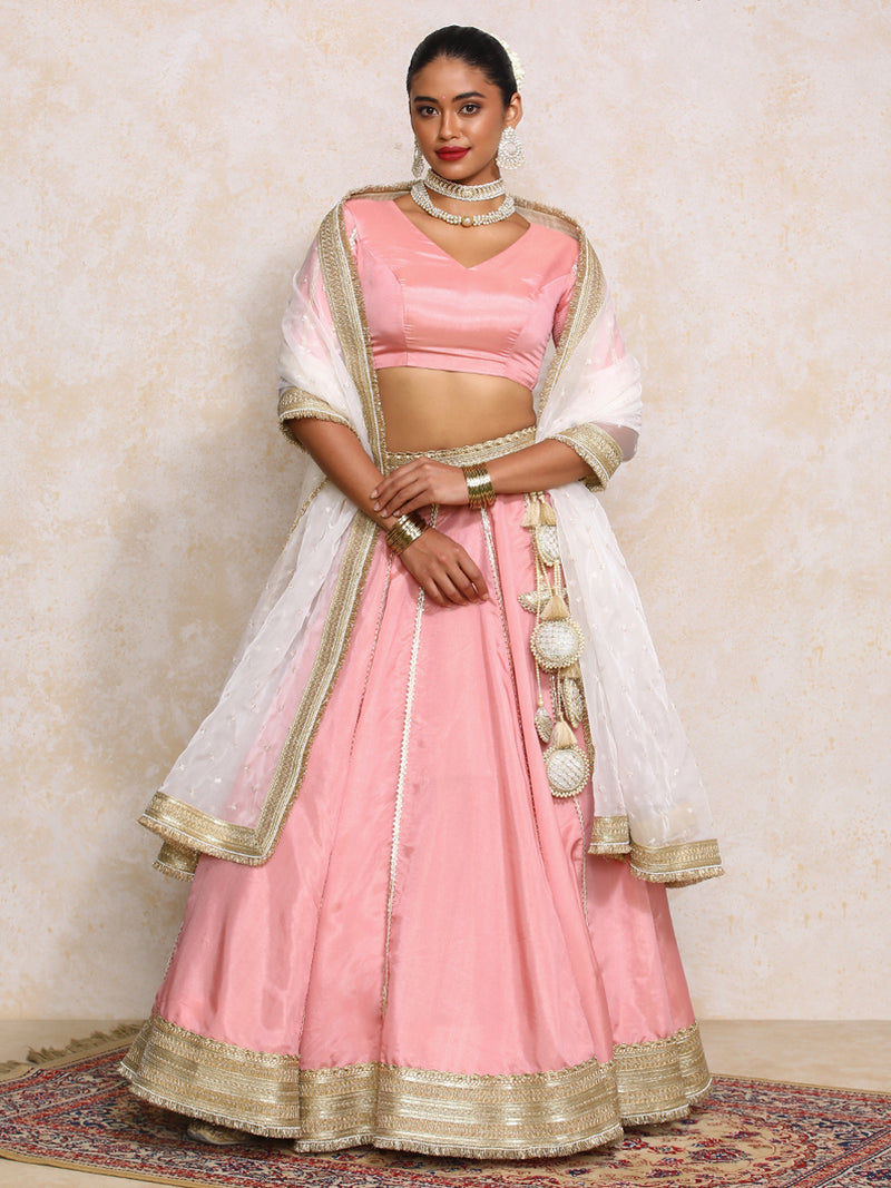 Ruhani x Tyohaar | Soft Pink Gold Tissue FlareFit™ Lehenga Set with Dupatta-Binks