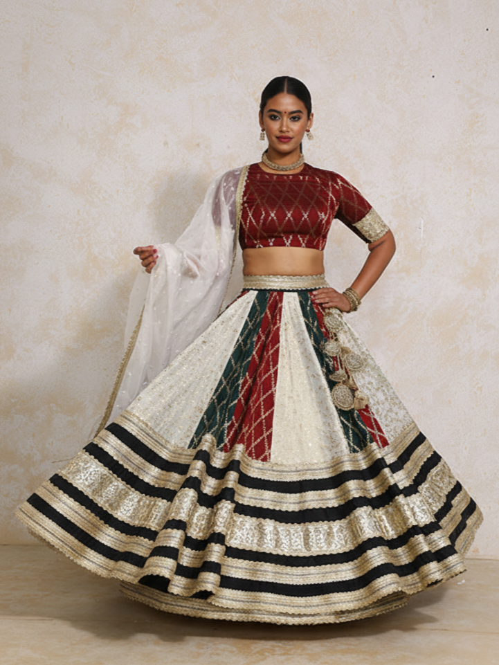 Ruksar x Tyohaar | Maroon & Black Vine Mesh Brocade FlareFit™ Lehenga Set with Dupatta-Binks