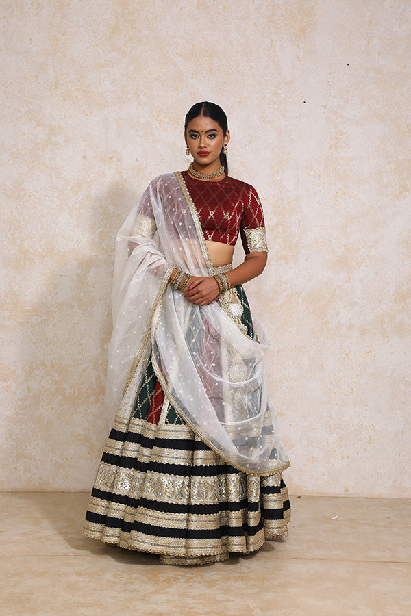 Ruksar x Tyohaar | Maroon & Black Vine Mesh Brocade FlareFit™ Lehenga Set with Dupatta-Binks