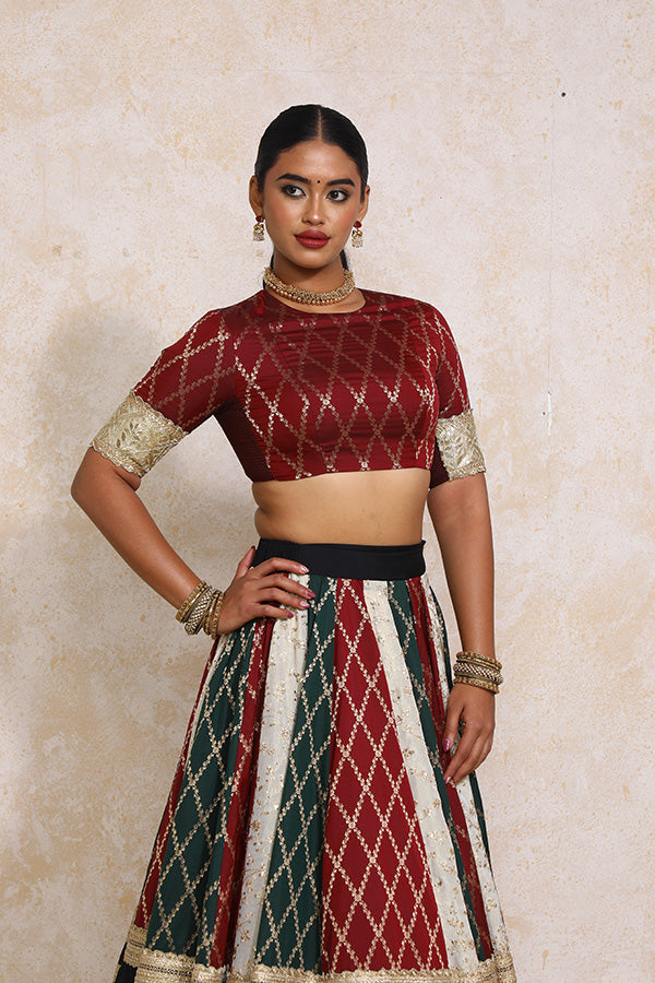 Ruksar x Tyohaar | Maroon & Black Vine Mesh Brocade FlareFit™ Lehenga Set with Dupatta-Binks