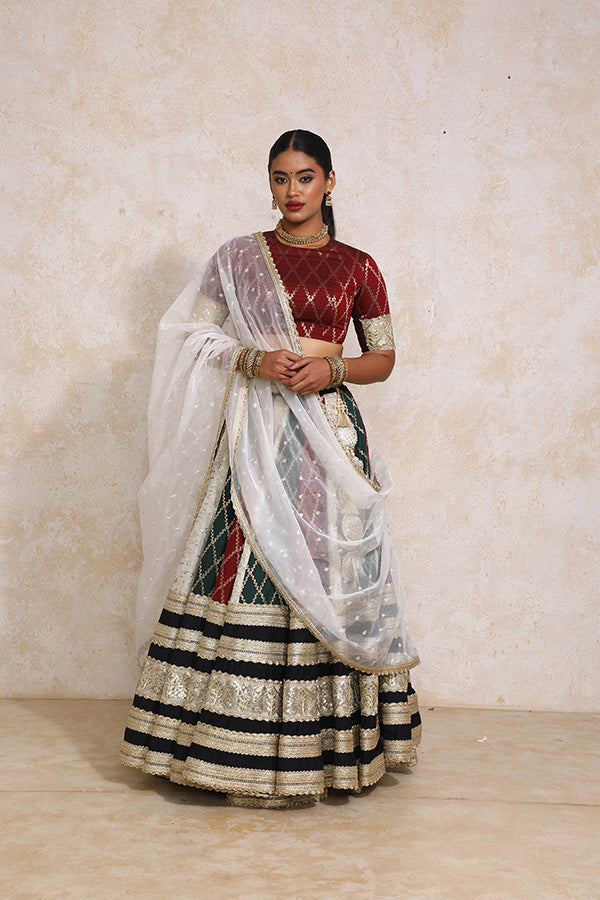 Ruksar x Tyohaar | Maroon & Black Vine Mesh Brocade FlareFit™ Lehenga Set with Dupatta-Binks