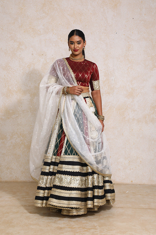 Ruksar x Tyohaar | Maroon & Black Vine Mesh Brocade FlareFit™ Lehenga Set with Dupatta-Binks
