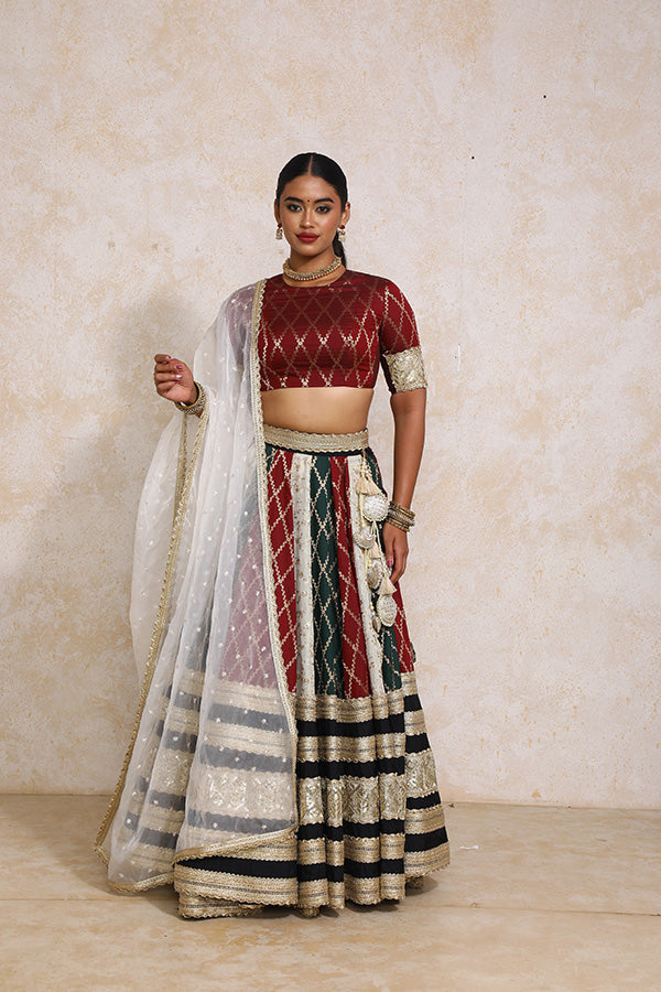 Ruksar x Tyohaar | Maroon & Black Vine Mesh Brocade FlareFit™ Lehenga Set with Dupatta-Binks