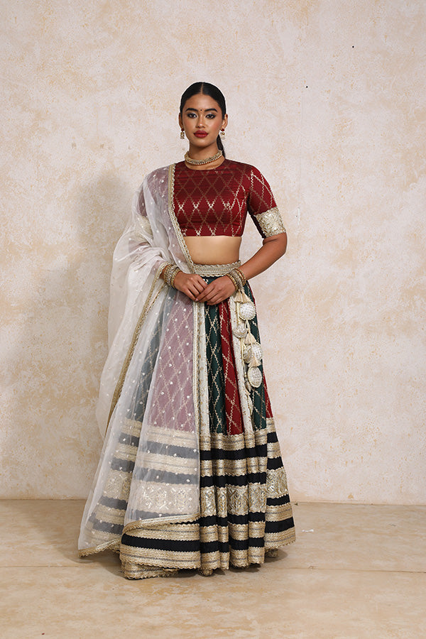 Ruksar x Tyohaar | Maroon & Black Vine Mesh Brocade FlareFit™ Lehenga Set with Dupatta-Binks