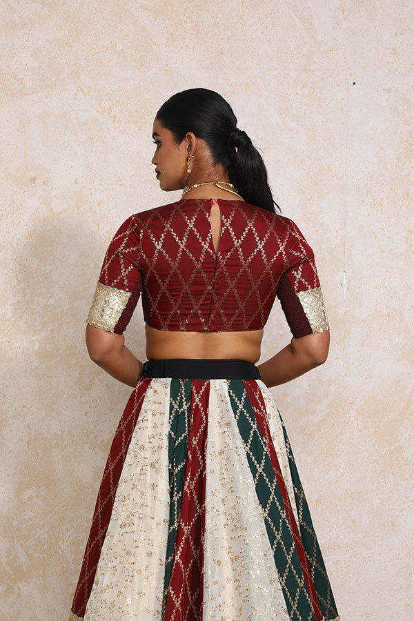 Ruksar x Tyohaar Lehenga Set, in Multicolour Tissue & Silk Viscose, featuring elbow sleeves and jewel neckline (view 2).