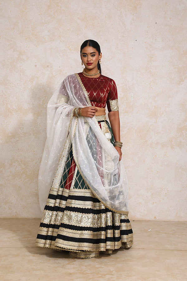 Ruksar x Tyohaar | Maroon & Black Vine Mesh Brocade FlareFit™ Lehenga Set with Dupatta-Binks