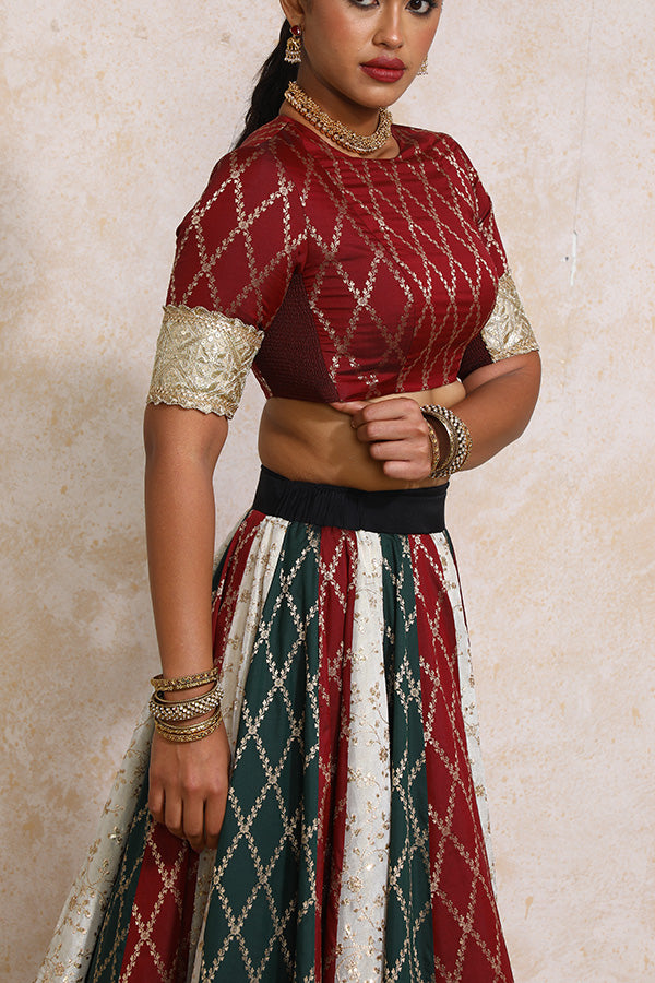 Ruksar x Tyohaar Lehenga Set, in Multicolour Tissue & Silk Viscose, featuring elbow sleeves and jewel neckline (view 3).
